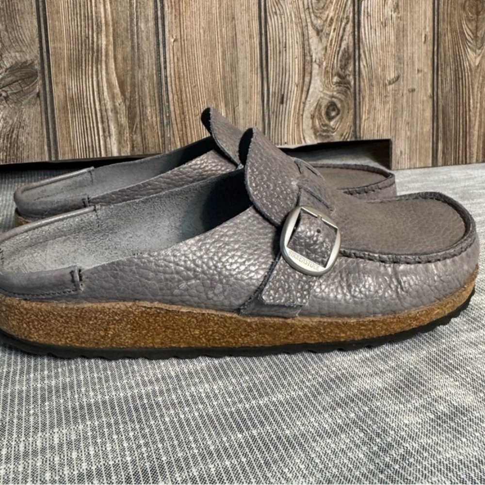Gray Textured Birkenstock Loafers with Buckle